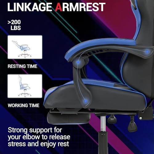 Gaming Chair with Footrest for Adults, PU Leather Massage Racing Video Game Chair with Lumbar Support for Men Women, Ergonomic Computer Gamer Chair for Home Office, Height Adjustable, Blue