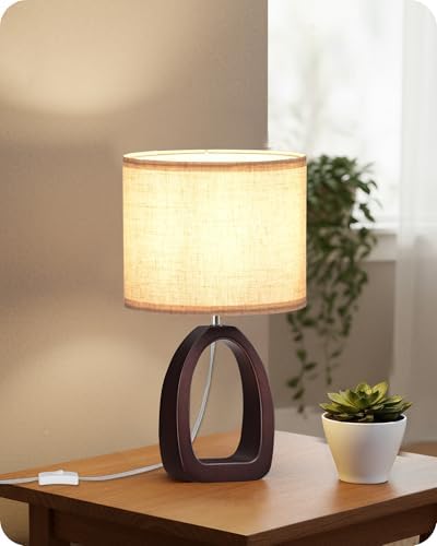 Small Table Lamp, 14.2" Cute Little Desk Lamp, Wood Bedside Lamp with Beige Linen Lampshade & Dark Walnut Base, Modern Nightstand Lamp for Bedroom, E26 Base, Bulb Not Included, STE07TL05
