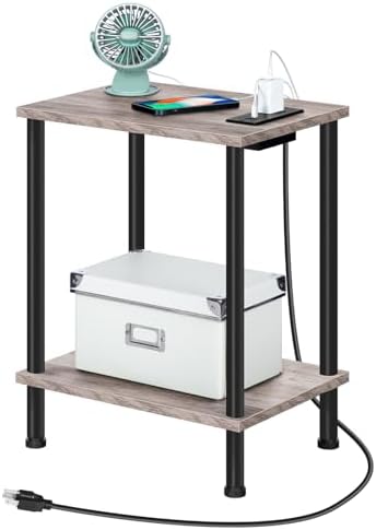 HOOBRO Side Table with Charging Station, Set of 2 End Tables with USB Port and Outlets, Nightstand with 2-Layer Storage Shelves for Small Spaces, Living Room, Bedroom, Greige and Black BG09UBZP201