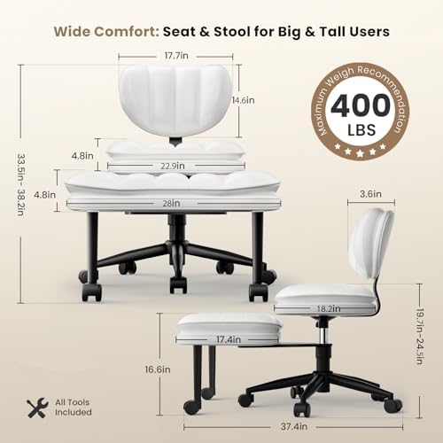 Extra-Wide & Tall Cross-Legged Office Chair – Deeply-Padded Cloud Seat, Ergonomic Back Support, Adjustable Height for ADHD & Meditation, White