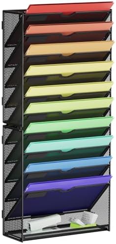 Marbrasse Wall File Holder 11-Tier Hanging Wall File Organizer, for Papers, Files Clipboard & Magazine Organizer, Wall Mount File Holder Great for Office Home (Black)