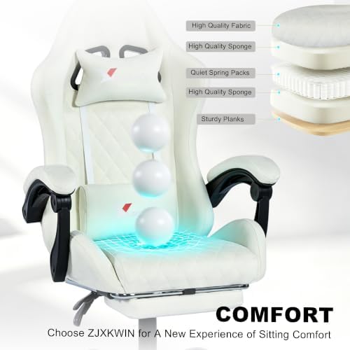 Fabric Gaming Chair for Adults, Ergonomic Computer Office Desk Chair with Footrest,Pocket Spring Cushion, Reclining High Back Silla Gamer for Home Office, White