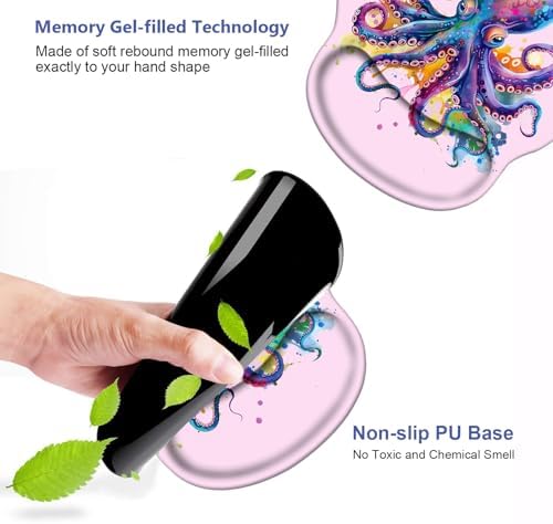 Ergonomic Mouse Pad Wrist Support and Cute Coffee Coaster, Non Slip PU Base Mouse Pad Wrist Rest for Computer, Office Gaming, Working, Easy Typing & Pain Relief, Colorful Octopus