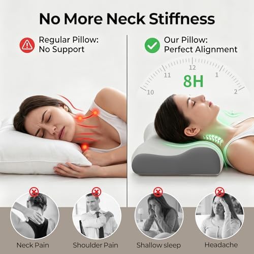 Polovo Cervical Neck Pillow for Pain Relief - Ergonomic Side Sleeper Pillow for Deep Sleep, Contour Memory Foam Pillows for Sleeping Bed Pillow for Side Back Stomach Sleepers(Grey)