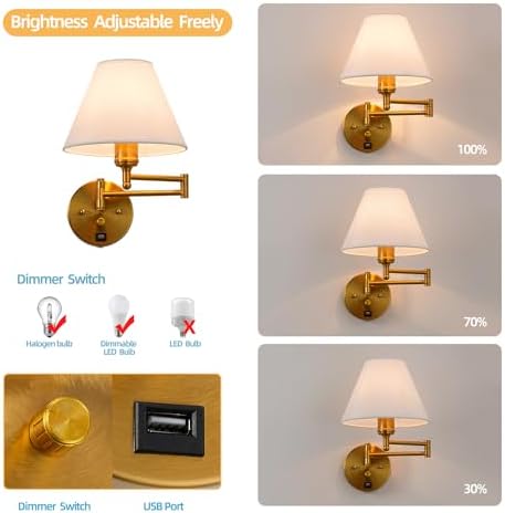 Swing Arm Wall Sconces, Plug-in Wall lamp,Bedroom Wall lamp ， White Fabric Shade，，with dimmable Switch and USB Charging Port, Suitable for Bedside, Living Room, Reading (Golden)