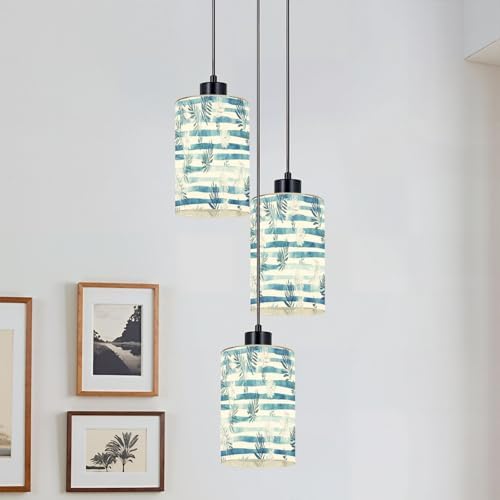3 Pack Cylinder Glass Lamp Shade Blue stripes seamless pattern palm leaf Covers with 1-5/8" Fitter Opening Light Fixture Replacement for Table Lamp Bathroom Vanity Light