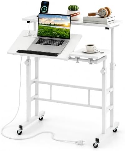 Tangkula Height Adjustable Mobile Standing Desk with Built-in Power Outlets