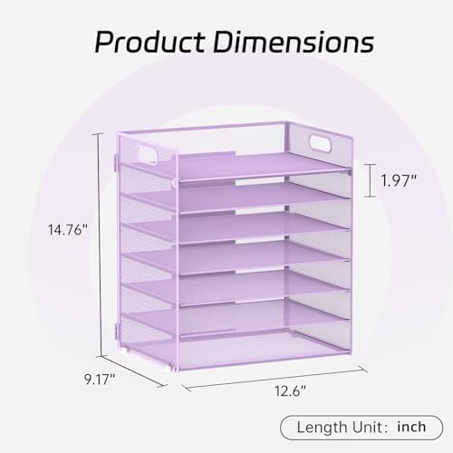 7 Tier Paper Organizer for Desk with Mesh Letter Trays and Handle Purple