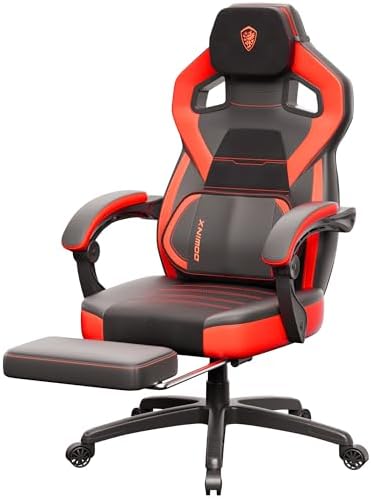 Dowinx Big and Tall Gaming Chair, Red, Modern High Back, PU Leather, Steel Frame, Ergonomic, Adjustable Headrest, Footrest, Massage Lumbar Support