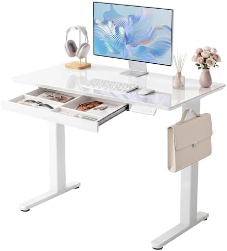 YDN Glass Standing Desk with Drawers 40x24 Inch Super White