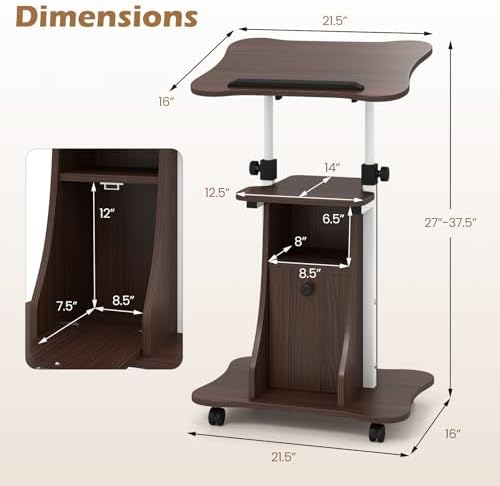 Tangkula Rolling Lectern Podium Stand, Height Adjustable Laptop Table with Tilting Tabletop & Storage Shelves, Compact Standing Desk with Lockable Casters for Home Office School (Brown)