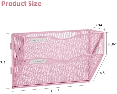 Marbrasse Wall File Holder 2-Tier Hanging Wall File Organizer, Mesh Mail Holder for Papers, Wall Mount File Clipboard & Magazine Organizer Great for Office Home (Pink)