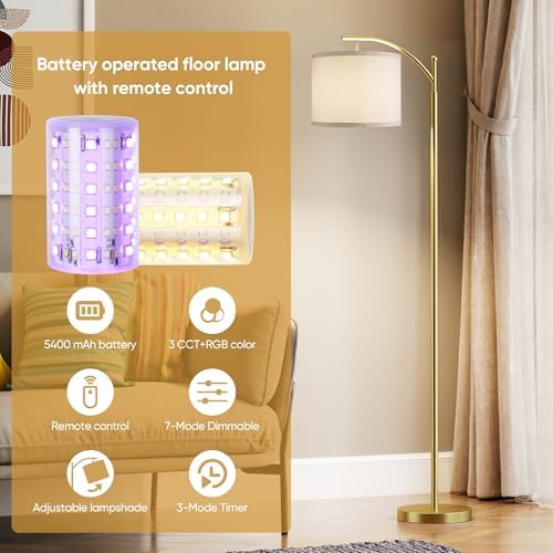 Battery Operated Floor Lamp, RGB Dimmable Cordless Standing Lamp with Remote Control for Living Room, Tall Floor Lamp for Bedroom -Gold