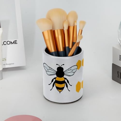 Leather Pen Holder for Desk, Cartoon Bee Pencil Cup Pen Organizer Makeup Brush Holder for Office Home Kids Countertop Desk Accessory Storage