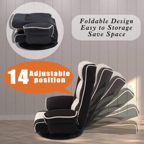 360° Swivel Floor Chair with Armrests, 14-Position Adjustable Floor Lounger for Adults, Foldable Reclining Chair for Living Room & Bedroom