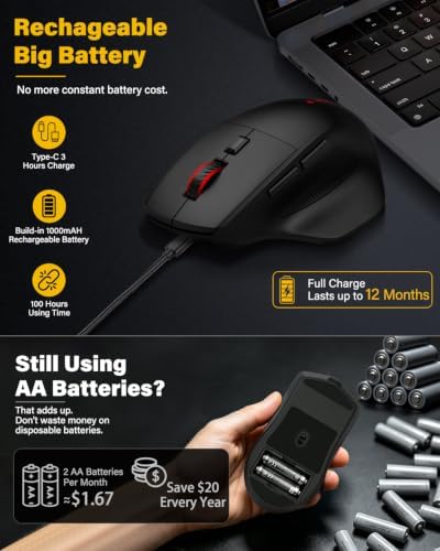 E-YOOSO X54 Ergonomic Mouse, Rechargeable Wireless & Bluetooth Mice, 12KDPI