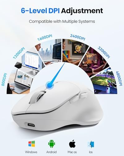 TECKNET Wireless Mouse Bluetooth 5.0/3.0 & 2.4G Rechargeable, Silent Clicks, Adjustable 4800 DPI, 6 Buttons, Ergonomic Design, Bluetooth Mouse for Laptop, Computer, ipad - White