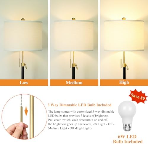 Qingmiao Floor Lamp for Living Room Adjustable Tall Standing Lamp, 3-Way Dimmable Floor Lamp for Bedroom Office, Black Gold Lamp with Marble Base and White Linen Shade