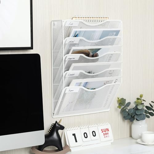 EasyPAG Wall File Organizer 5 Tier Hanging Paper Folder Holder, Zero Assembly Metal Mesh Wall Mounted Mail Organizer for Office Home Classroom Narrow Spaces, White