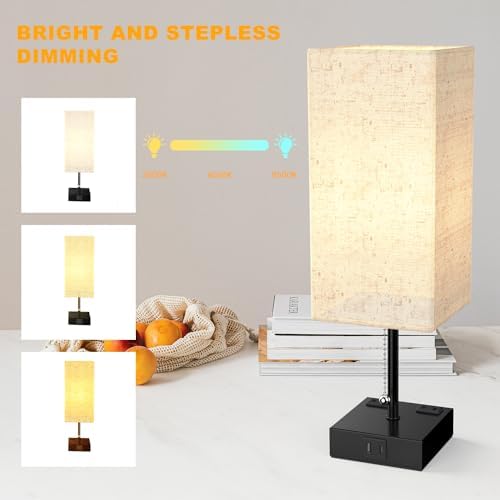 YIDPU Table Lamp for Bedroom with USB,Bedside Lamp with USB C+A Charging Ports,Adjustable 3color LED Light for Home Decor/Nightstand/Office,Included Bulb and Fabric Lamp Shade (Linen White, 1PCS)