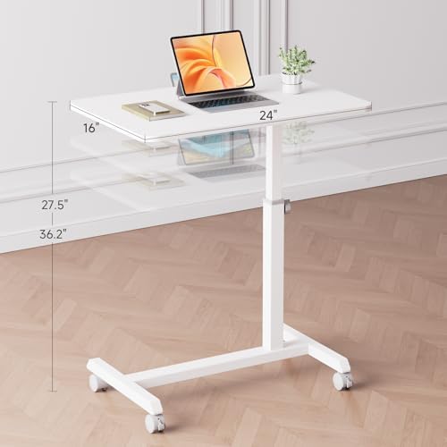 GTPLAYER Small Standing Desk, 24 Inches Mobile Rolling Laptop PC Table with Lockable Casters, Adjustable Height Overbed Bedside Table Computer Workstation for Home Office, White-Fixed
