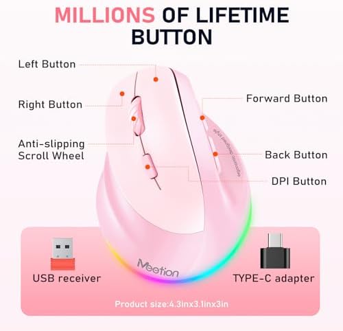 MEETION Left-Handed Ergonomic Mouse, Vertical RGB Design, Pink for Left