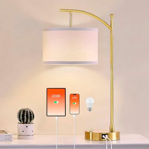Table Lamp Set of 2, 23.5" Bedside Lamps with USB C+A Ports, Gold