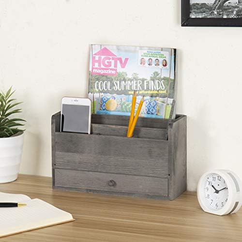 MyGift Rustic Gray Solid Wood Office Desk Supplies and Stationery Organizer, 5 Slot Wooden Desktop Mail Sorter, Document and Magazine Holder with Pull Out Drawer