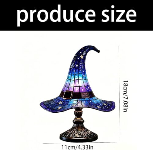 Stained Glass Witch Hat Lamp, Handcrafted Resin Halloween Witch Lamp (Blue)
