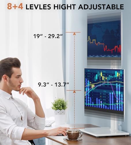 Hemudu Dual Monitor Stand - Vertical Stack Screen Free-Standing Monitor Riser Fits Two 13 to 34 Inch Screen with Swivel, Tilt, Height Adjustable, Holds One (1) Screen up to 44Lbs HT05W-002 White
