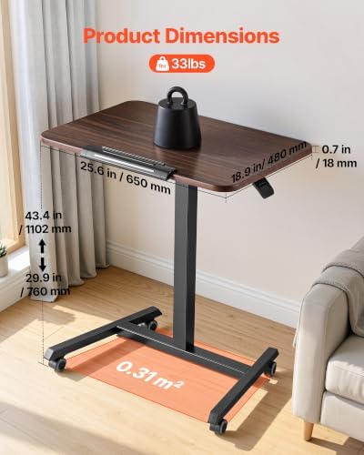 VEVOR Standing Desk, Adjustable Height Mobile Stand Up Desk with Tilting Desktop, 25.6 x 19 in Small Computer Sit Stand Rolling Workstation with 4 Casters, 33 lbs Capacity, Ideal for Home Office