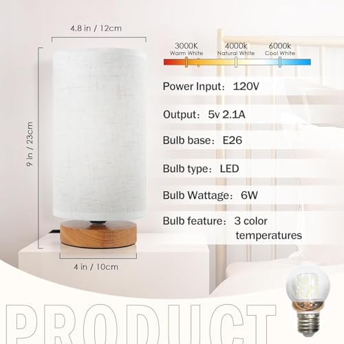 3-Color Adjustable Bedside Table Lamp for Bedroom Set of 2,Minimalist Wood Base&Round Fabric Shade,Cozy Lighting Nightstand Boho Lamp,Reading Desk Night Stand Light for Room,Office,kitchen,Nursery