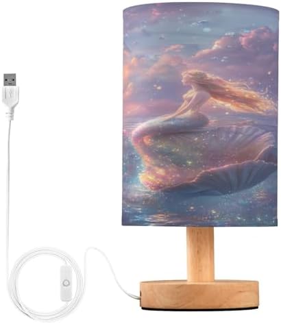 ALAZA Mermaid Seashell Cloud Decor Bedside Table Lamp with USB Port for Bedroom Nightstand Office Desk LED Bulb Included