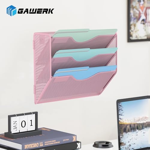 Gawerk 3 Tier Hanging Wall File Organizer, Mesh Mail Paper Orgnization Hanging File Folder Holder for Home Office, Pink