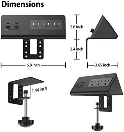 Nightstand Edge Mount Power Strip with USB-C Ports Tabletop Surge Protector Desk Clamp Power Sockets with 3 AC Outlets &4 Fast Charging USB Ports for Home Office Hotel and Dormitory (Black(2-Pack))