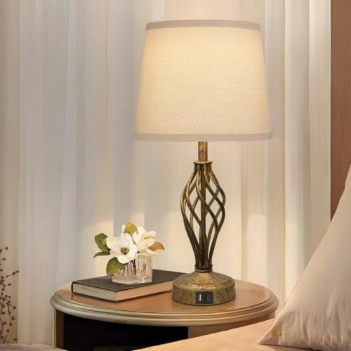 Ruiever Touch Table Lamps Set of 2, nightstand lamp with USB Ports Bedside 3 Way Touch dimmer Desk lamp for Living Room Bedroom,Antique Gold Spiral cage Base Design Warm White dimmer Bulbs Included.