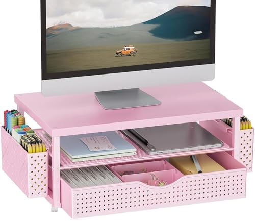 gianotter Monitor Stand with Drawer and 2 Pen Holders (Matte Pink)