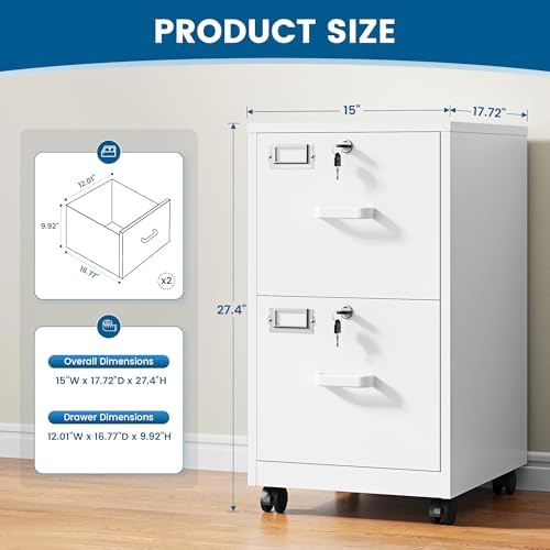PEUKC 2 Drawers Mobile File Cabinet with Lock, Under Desk Rolling File Cabinet for Home Office, Organizes Letter Legal A4 Files, White(Assembly Required)