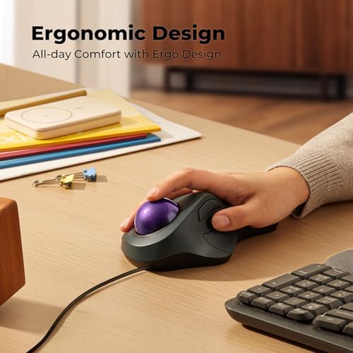 Wired Ergonomic Trackball Mouse for Large Hands, 44mm Index Finger Control