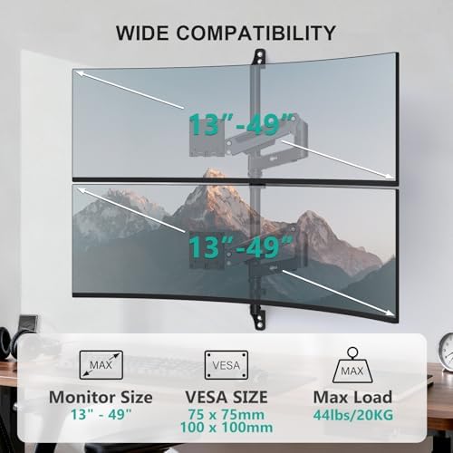 WALI Vertical Dual Monitor Wall Mount for 13-49 inch Screens, 44lbs per Arm