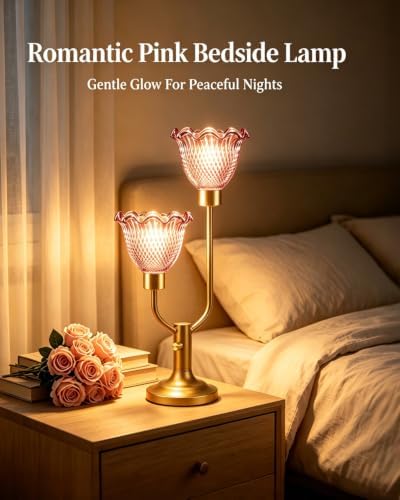 Lightdot Flower Glass Table Lamp for Bedroom Vintage Pink Lamp Dimmable