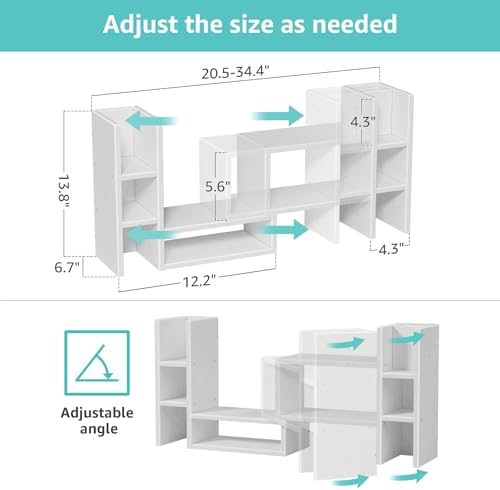 NUTIKAS White Desktop Bookshelf Adjustable Desk Organizer Shelf - Corner Wood Tabletop Storage Display Rack with 6 Cubbies and Pen Holder, Small Hutch for Office Supplies & Dorm Room Decorations