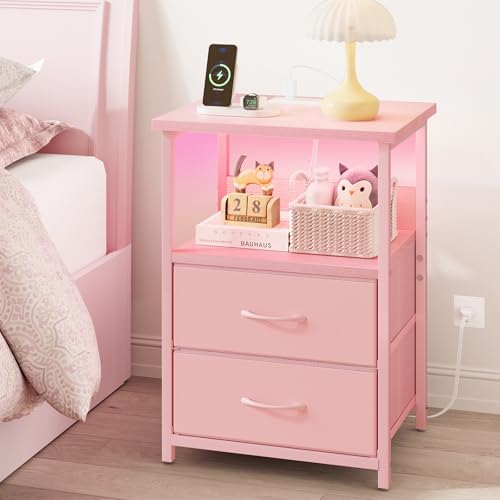 Fixwal Night Stand with Charging Station, Led Nightstand, Pink, 2 Drawers