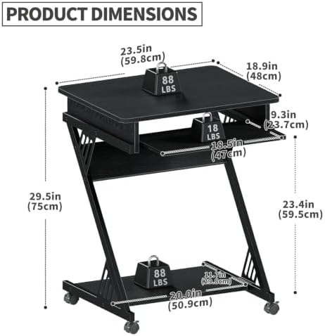 Zenira 24-Inch Small Computer Desk, Z Shape Laptop Desk Cart on Wheels