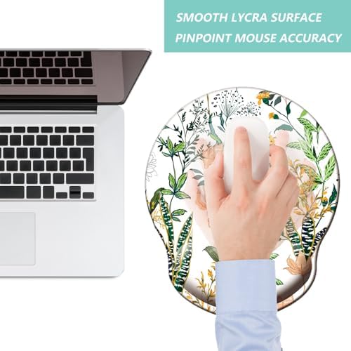 Mouse Pad with Wrist Support, Ergonomic Mouse Pad with Memory Foam Wrist Rest Cushion, Non-Slip Rubber Base Gaming Mice Pad for Home Office Computer Laptop, Flower White