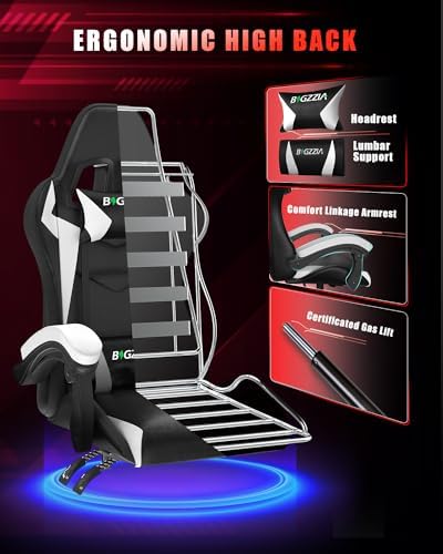 Bigzzia Gaming Chair with RGB LED Lights, High Back Ergonomic Computer Gamer Chair with Headrest and Lumbar Support, Racing Style Reclining Game Chair for Adults, Kids(Black/White)