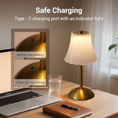 Cordless Table Lamps for Home,Table,Dining Room, Gold Rechargeable Lamps, USB Charge 12'' Tall LED Brass Portable Outdoor Indoor Table Lamp with Built-in Dimmer (Milky)
