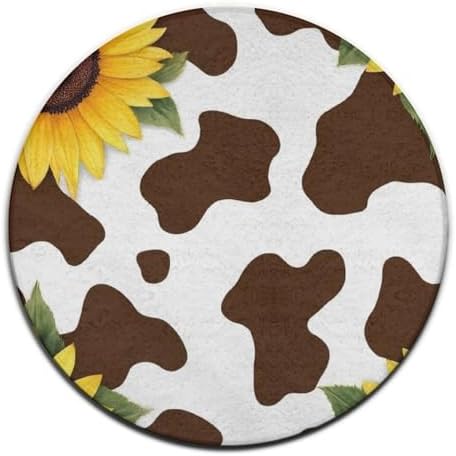 Fashion Round Area Rug Large Non Slip Carpet, Cow and Sunflower Unisex Home Decor Mat