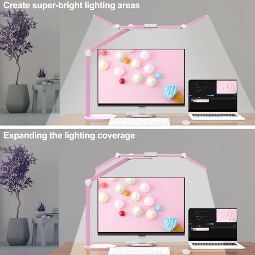 Micomlan Led Desk Lamp with Base, Adjustable Tall Architect Desk Light for Home Office with Flexible Swing Arm, 24W Pink Bright Table Lamp Auto Dimming Computer Light for Workbench