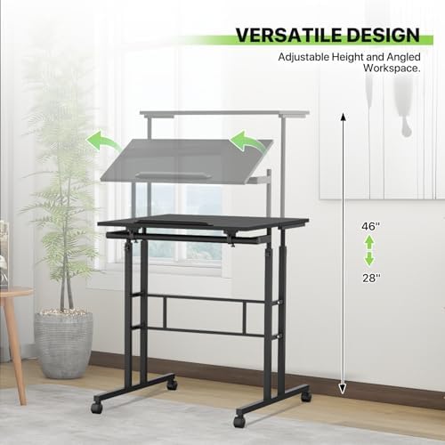 Magshion Rolling Standing Desk with Wheels, Height Adjustable Laptop Desk for Walking Pad, Mobile Workstation with Tilt Top, 28" to 46" Height Range for Home Office & Small Spaces, Black